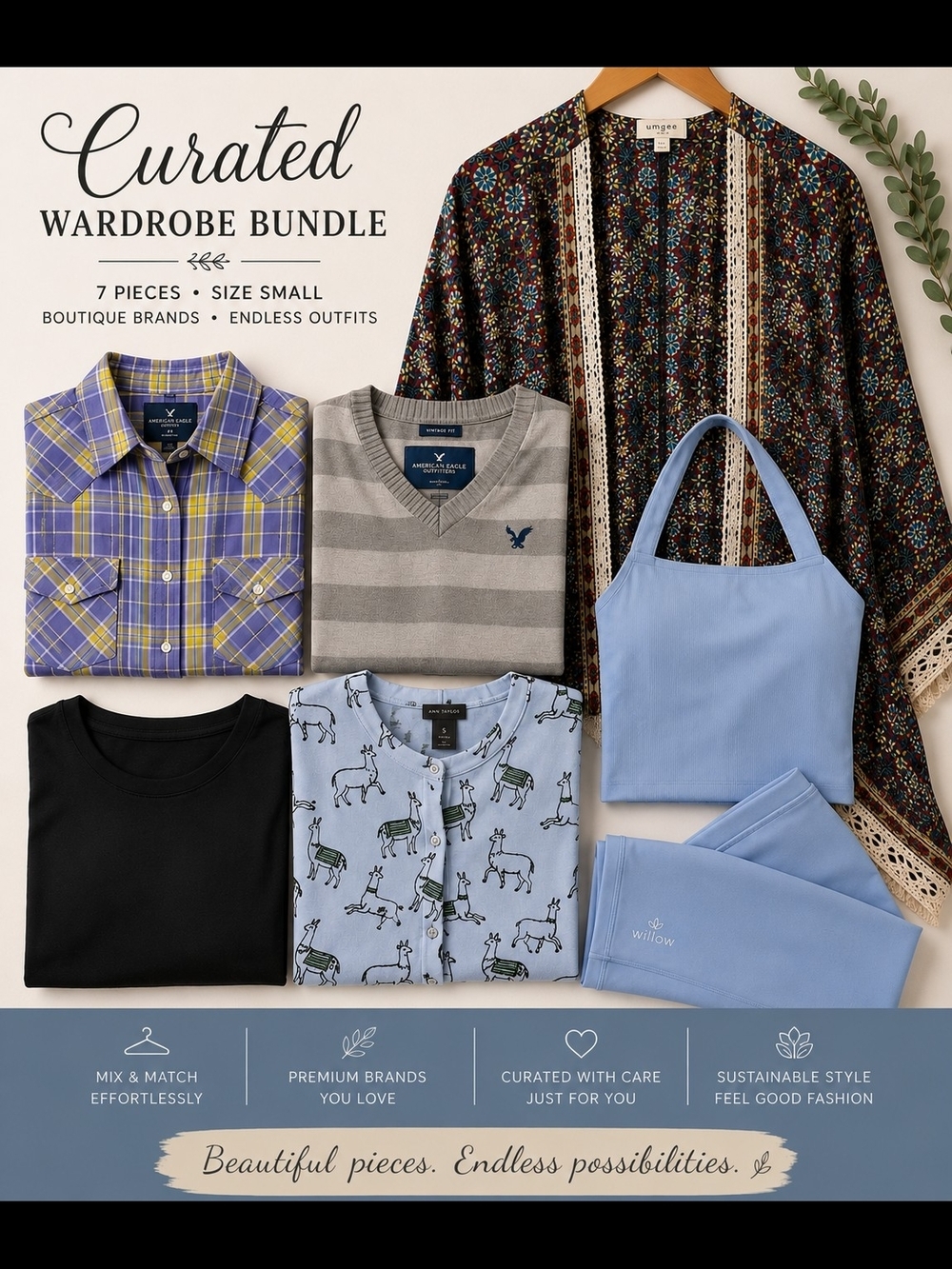 Women's Curated Capsule Wardrobe Bundle 7 Pc | Umgee, American Eagle mostly S/XS